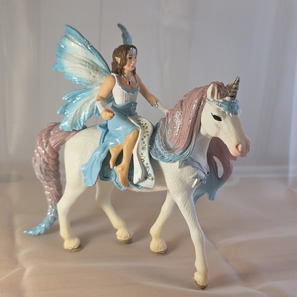 Schleich Bayala Princess Eyela Unicorn Fairy Rider Figure Set Blue Pink Glitter
